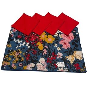 Floral Placemats and Red Napkins Set of 8 Blue Pink Yellow Botanical Table Decor